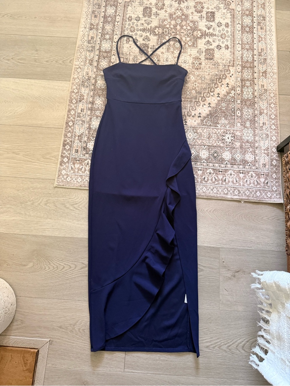 Elegant Navy Ruffle Midi Dress with Spaghetti Straps